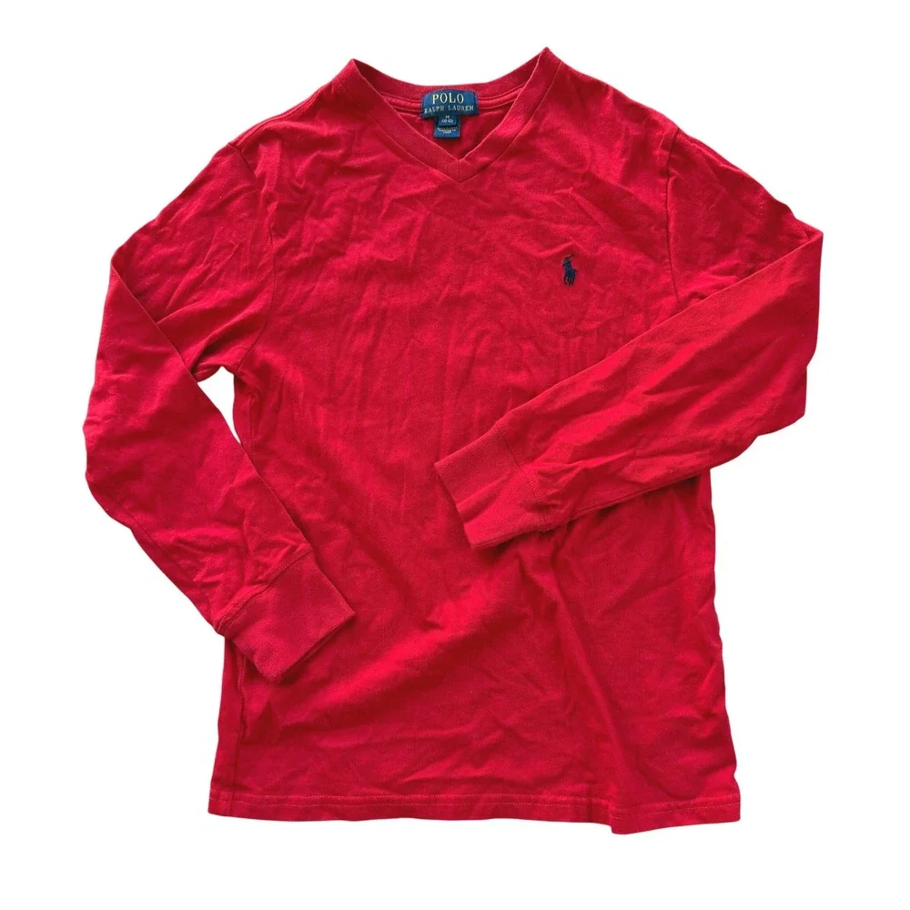 Polo Ralph Lauren Boys Red Long Sleeve V-Neck Tee Navy Pony Size M 10-12